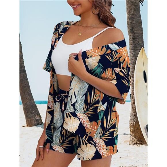 Women's 2 Piece Outfits Kimono Style Tropical Print Cover Ups Half Sleeves - Picture 3 of 6